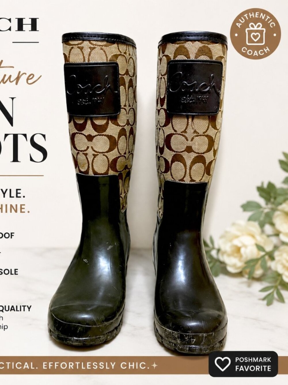 Coach Signature Rain Boots Women’s Size 7.5 Brown Black Waterproof Designer Boot - Picture 11 of 11